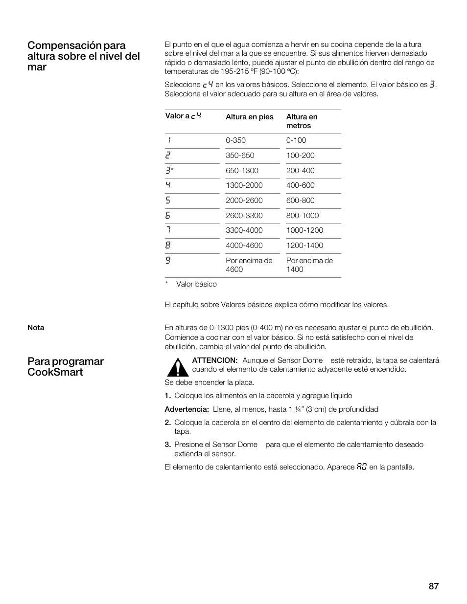 Compensación para altura sobre el nivel del mar, Para programar cooksmart | Thermador CES304FS User Manual | Page 87 / 108