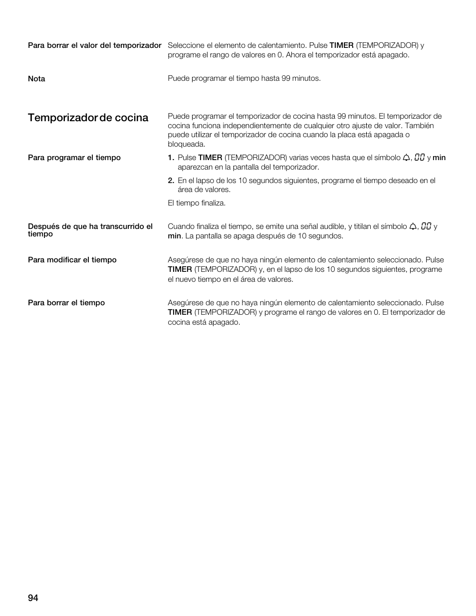 Temporizador de cocina | Thermador CES304FS User Manual | Page 94 / 108