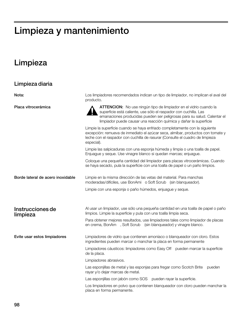 Limpieza y mantenimiento, Limpieza, Limpieza diaria | Instrucciones de limpieza | Thermador CES304FS User Manual | Page 98 / 108
