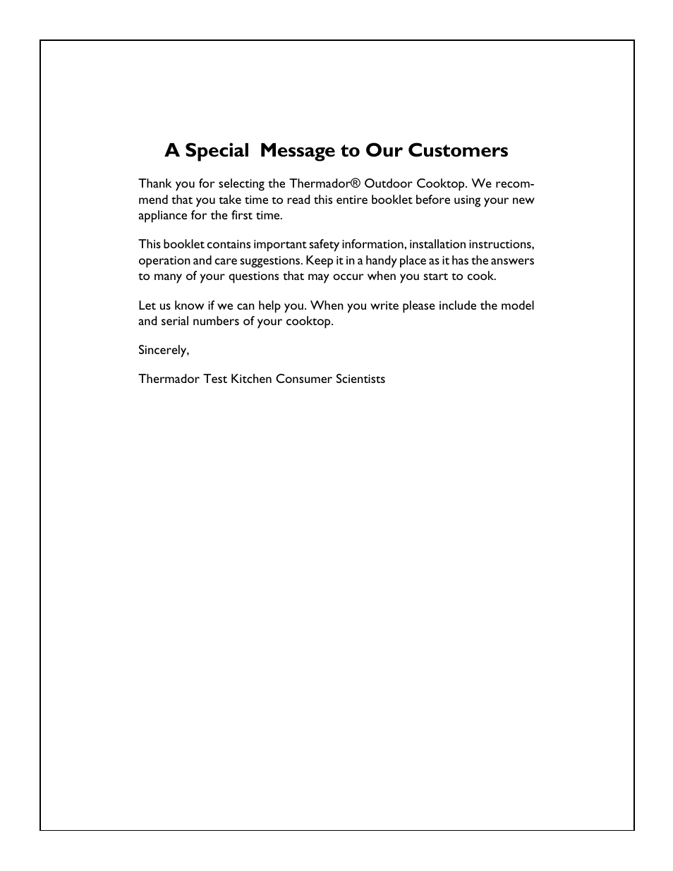 A special message to our customers | Thermador SB2B User Manual | Page 2 / 19