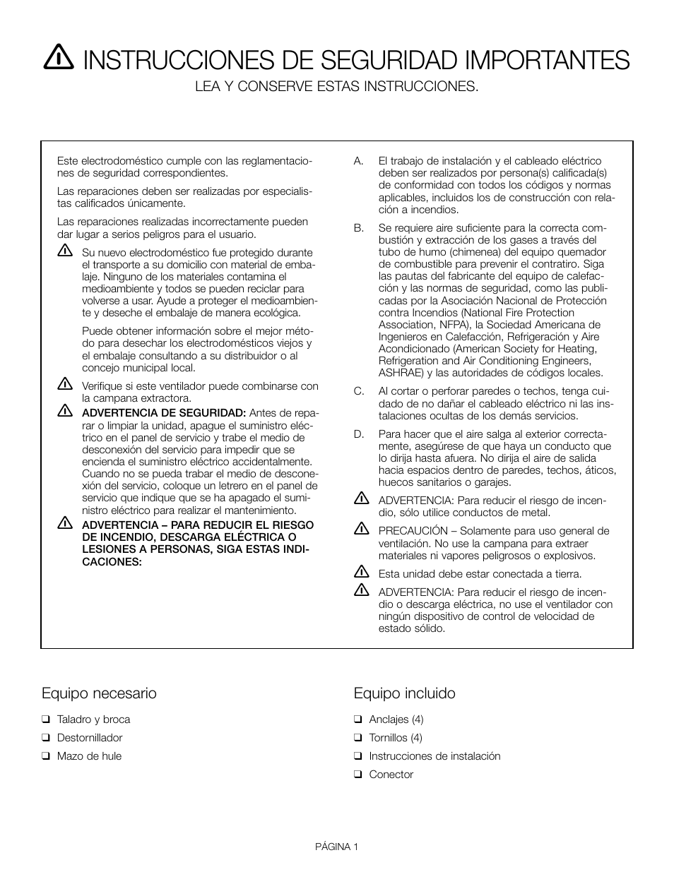 Instrucciones de seguridad importantes, Equipo necesario, Equipo incluido | Lea y conserve estas instrucciones | Thermador VTR1330E User Manual | Page 15 / 20