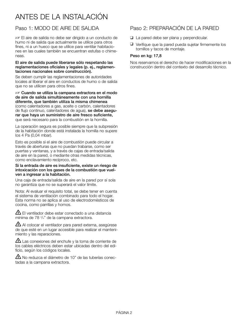 Antes de la instalación, Paso 1: modo de aire de salida, Paso 2: preparación de la pared | Thermador VTR1330E User Manual | Page 16 / 20