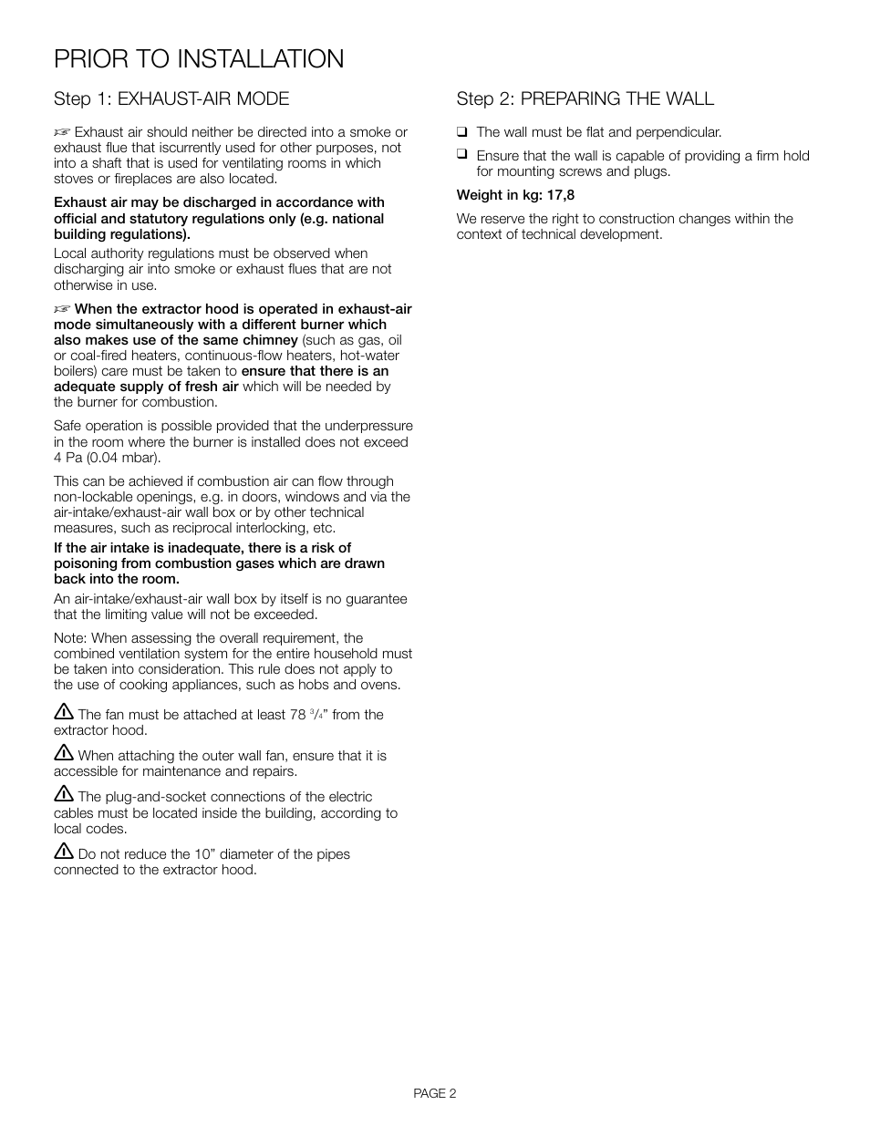 Prior to installation, Step 1: exhaust-air mode, Step 2: preparing the wall | Thermador VTR1330E User Manual | Page 4 / 20