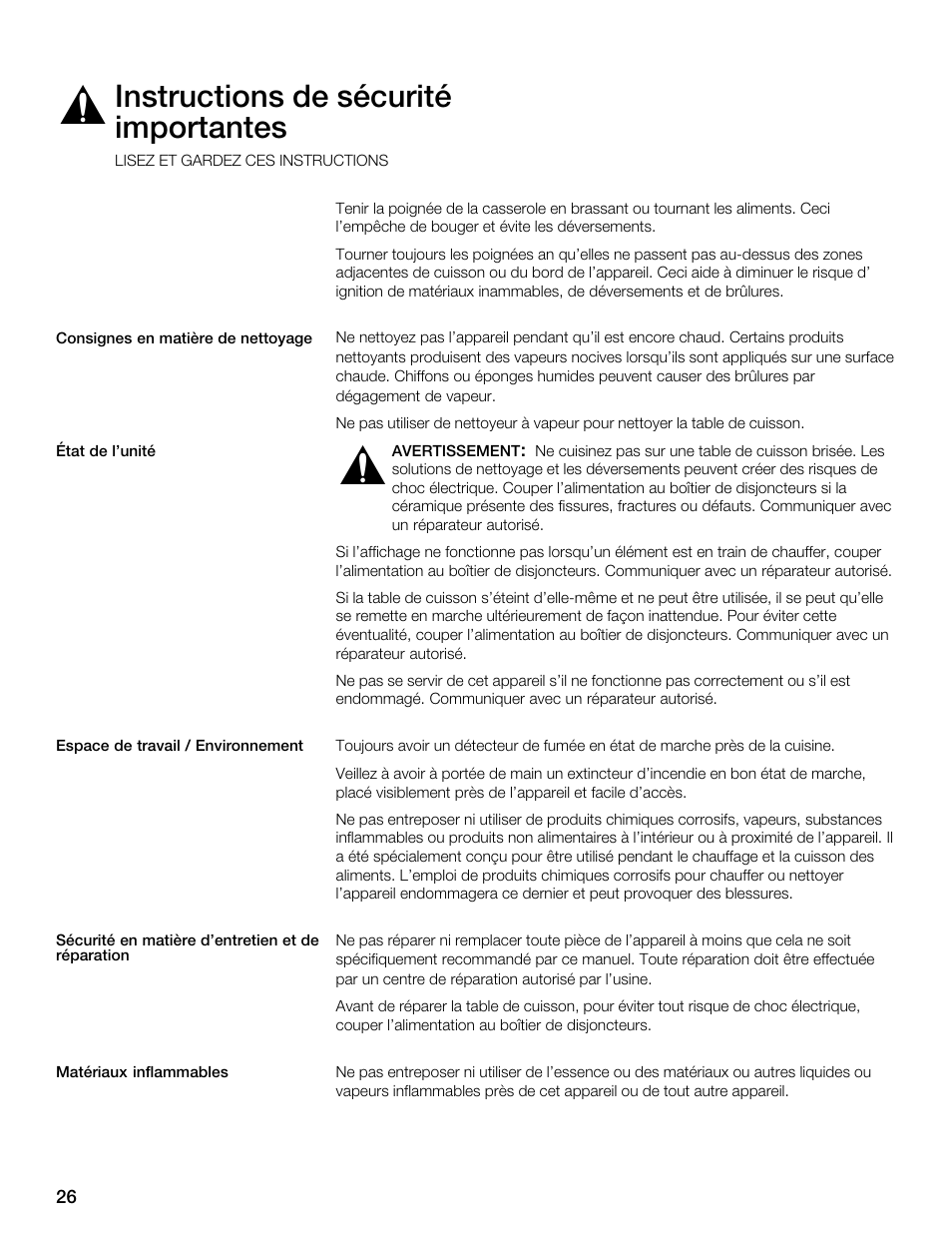 Instructions de sécurité importantes | Thermador ELECTRICCOOKTOPS CET366FS User Manual | Page 26 / 72