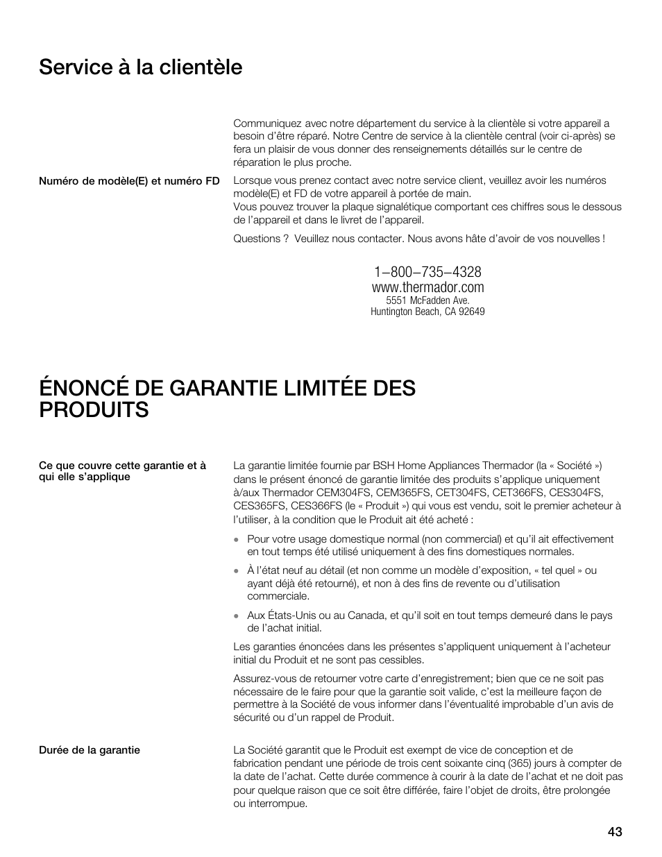 Service à la clientèle, Énoncé de garantie limitée des produits | Thermador ELECTRICCOOKTOPS CET366FS User Manual | Page 43 / 72