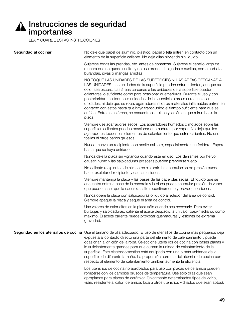 Instrucciones de seguridad importantes | Thermador ELECTRICCOOKTOPS CET366FS User Manual | Page 49 / 72