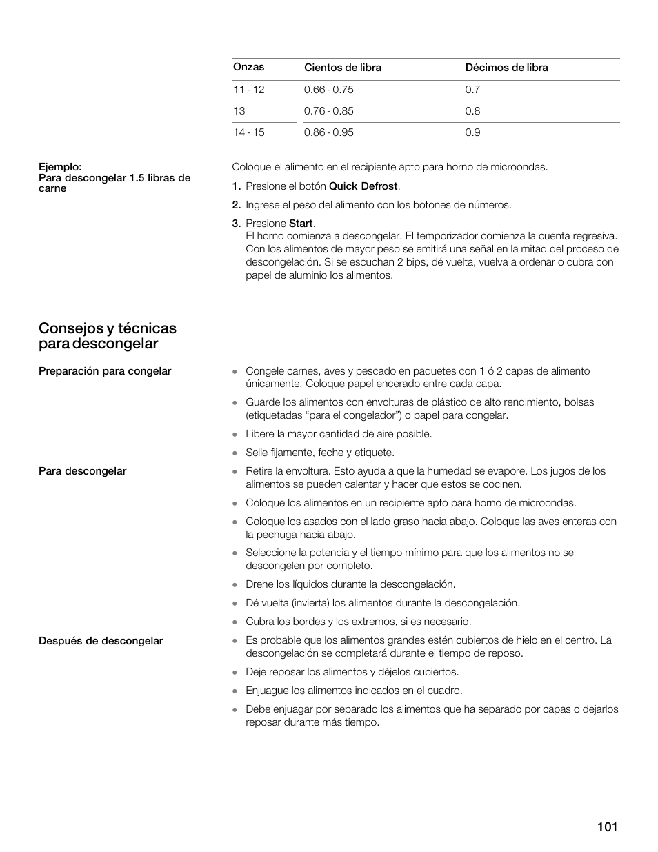 Consejos y técnicas para descongelar | Thermador MBESLFTD User Manual | Page 101 / 124