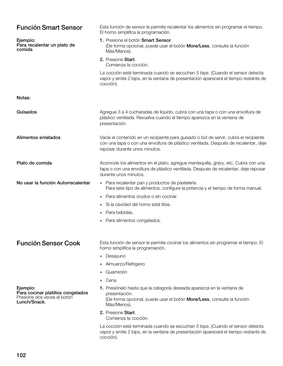 Función smart sensor, Función sensor cook | Thermador MBESLFTD User Manual | Page 102 / 124