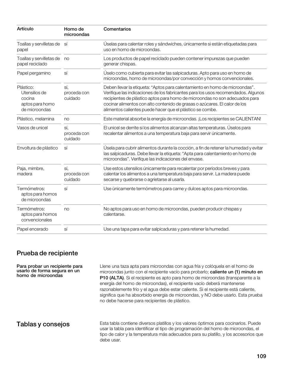 Prueba de recipiente, Tablas y consejos | Thermador MBESLFTD User Manual | Page 109 / 124