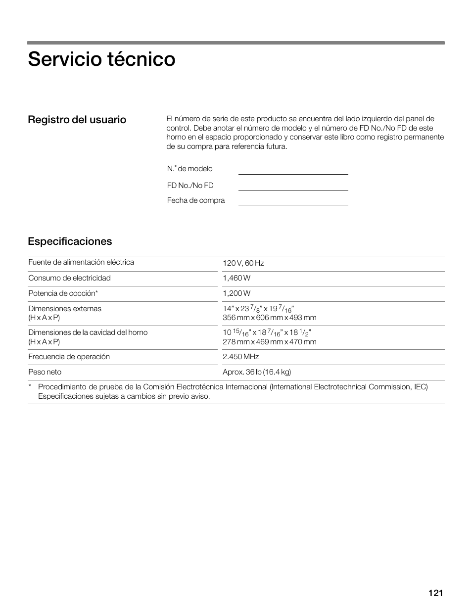 Servicio técnico, Registro del usuario especificaciones | Thermador MBESLFTD User Manual | Page 121 / 124
