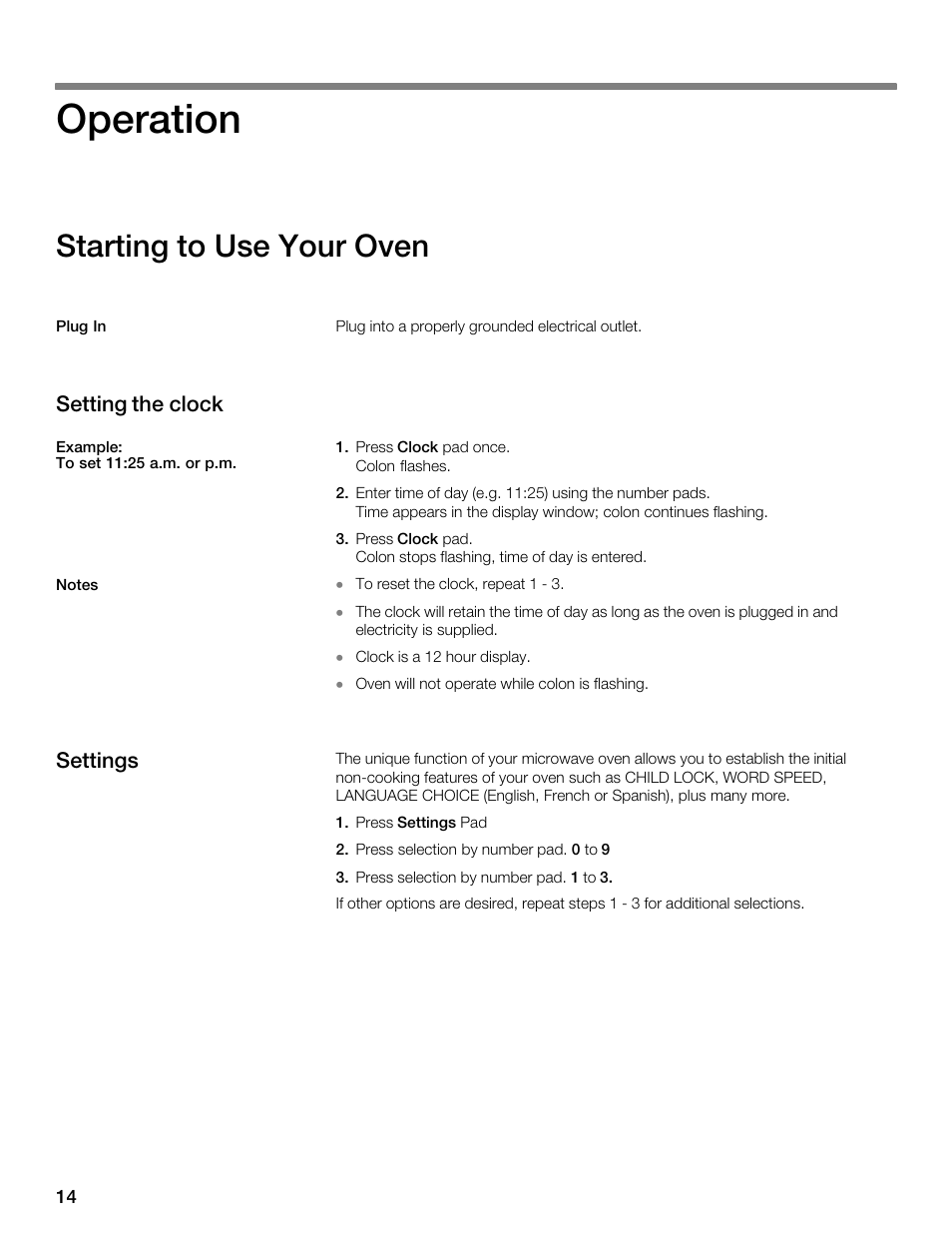 Operation, Starting to use your oven | Thermador MBESLFTD User Manual | Page 14 / 124