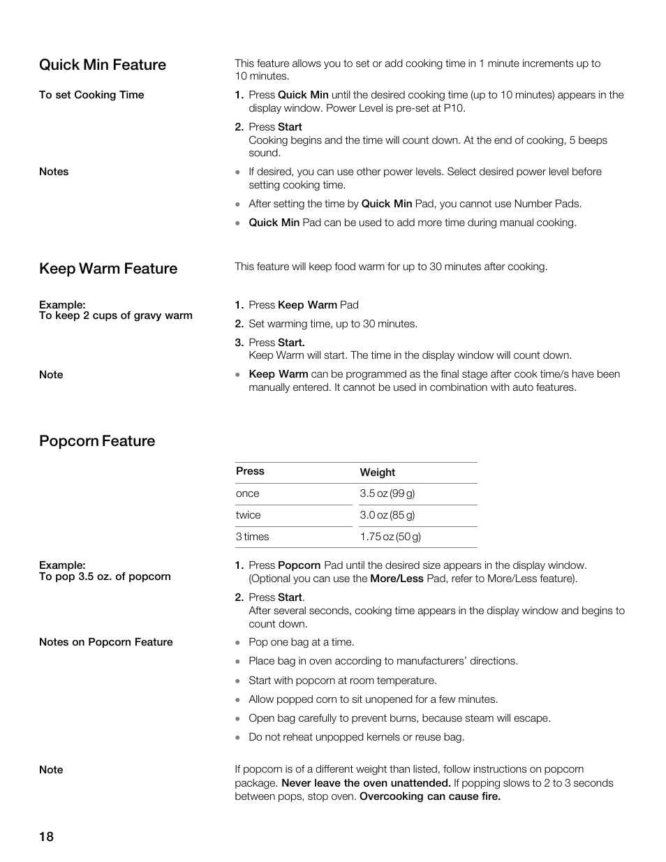 Quick min feature, Keep warm feature, Popcorn feature | Thermador MBESLFTD User Manual | Page 18 / 124