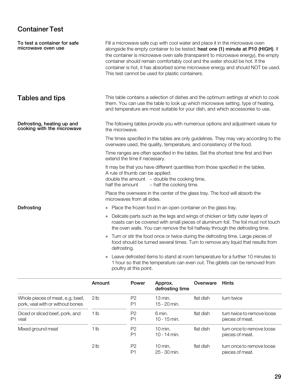 Container test, Tables and tips | Thermador MBESLFTD User Manual | Page 29 / 124