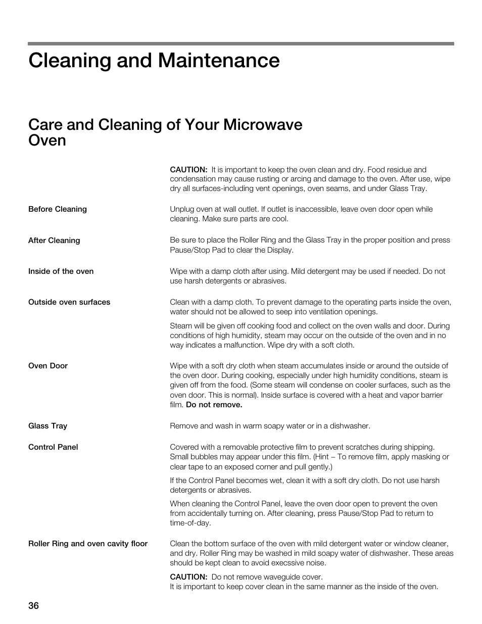 Cleaning and maintenance, Care and cleaning of your microwave oven | Thermador MBESLFTD User Manual | Page 36 / 124