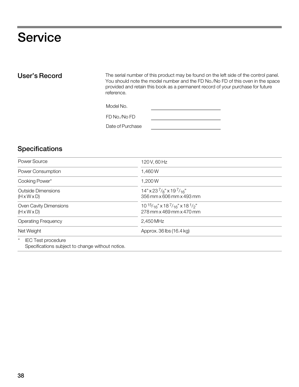 Service, User's record specifications | Thermador MBESLFTD User Manual | Page 38 / 124