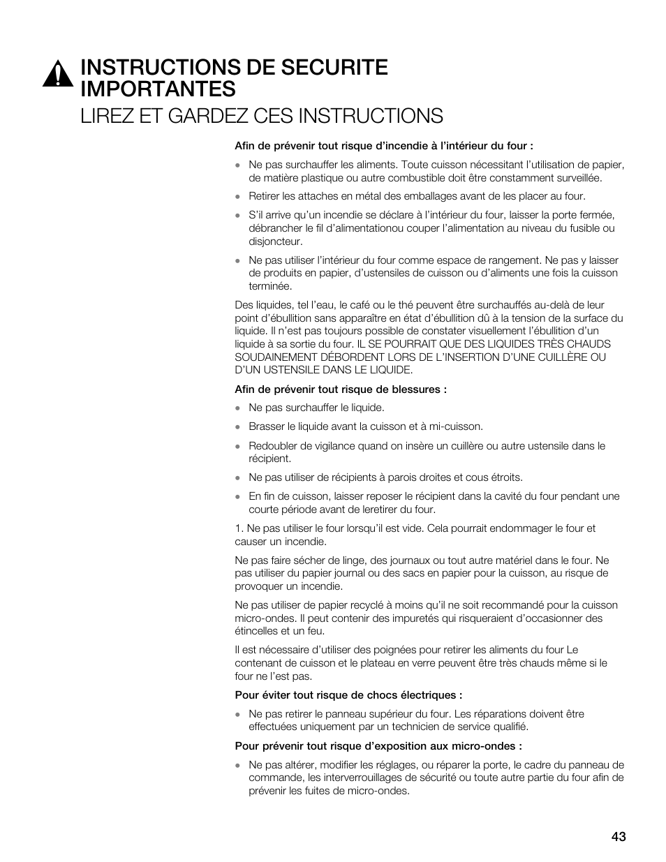 Instructions de sécurité importantes, Lirez et gardez ces instructions | Thermador MBESLFTD User Manual | Page 43 / 124