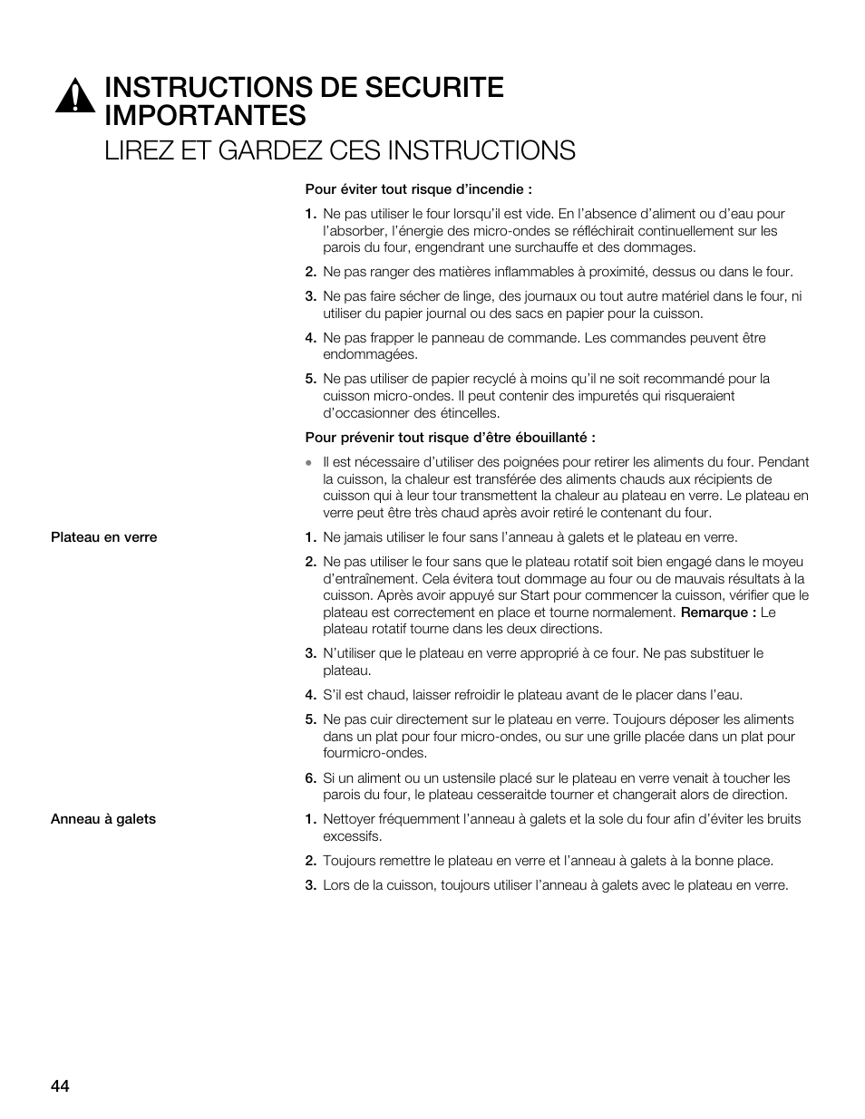 Instructions de sécurité importantes, Lirez et gardez ces instructions | Thermador MBESLFTD User Manual | Page 44 / 124