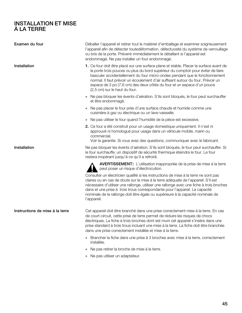 Installation et mise à la terre | Thermador MBESLFTD User Manual | Page 45 / 124