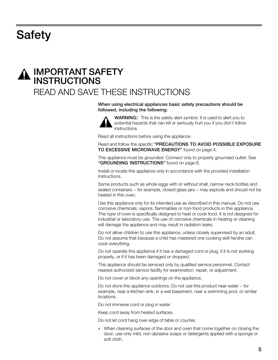 Safety, Important safety instructions, Read and save these instructions | Thermador MBESLFTD User Manual | Page 5 / 124