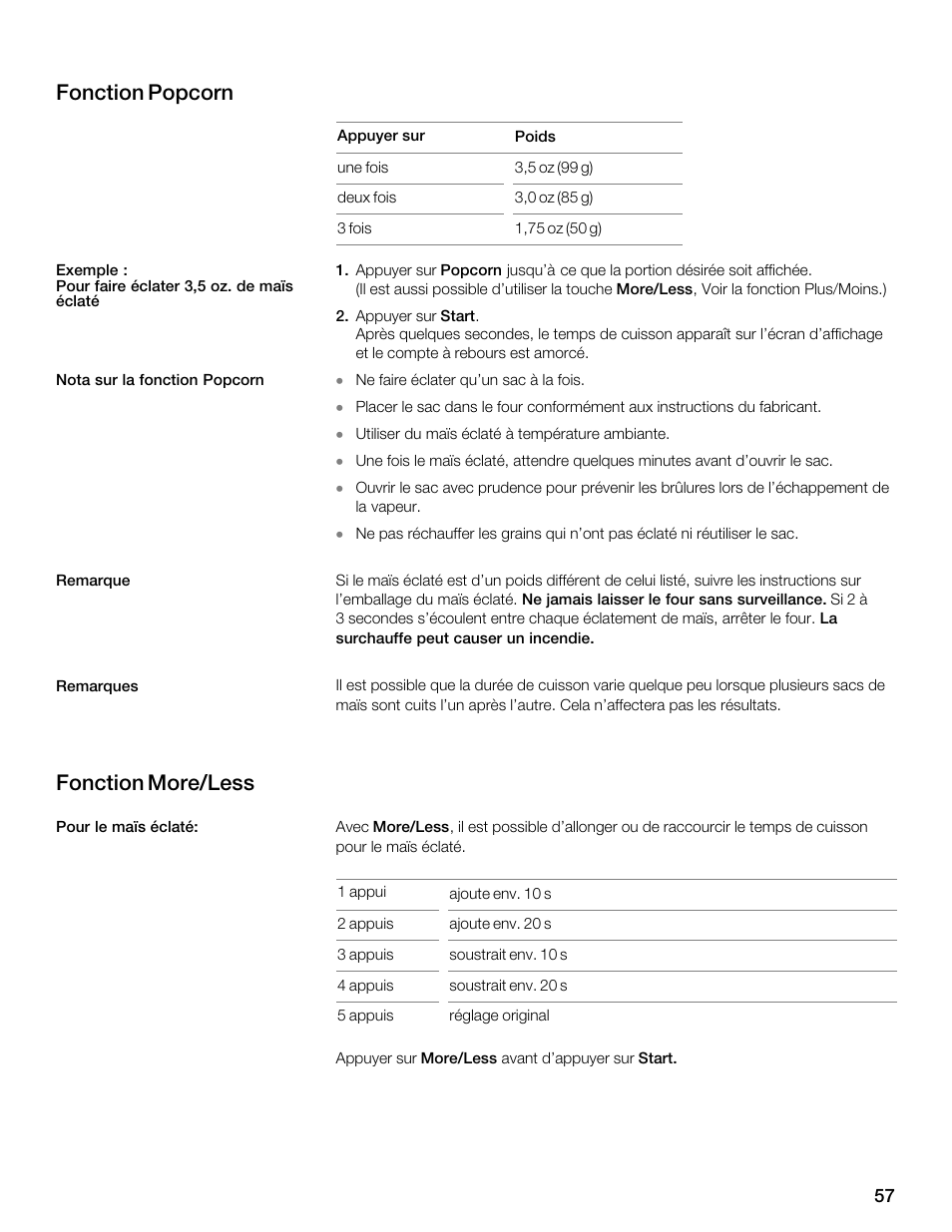 Fonction popcorn, Fonction more/less | Thermador MBESLFTD User Manual | Page 57 / 124