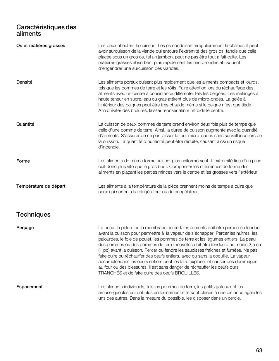 Caractéristiques des aliments, Techniques | Thermador MBESLFTD User Manual | Page 63 / 124