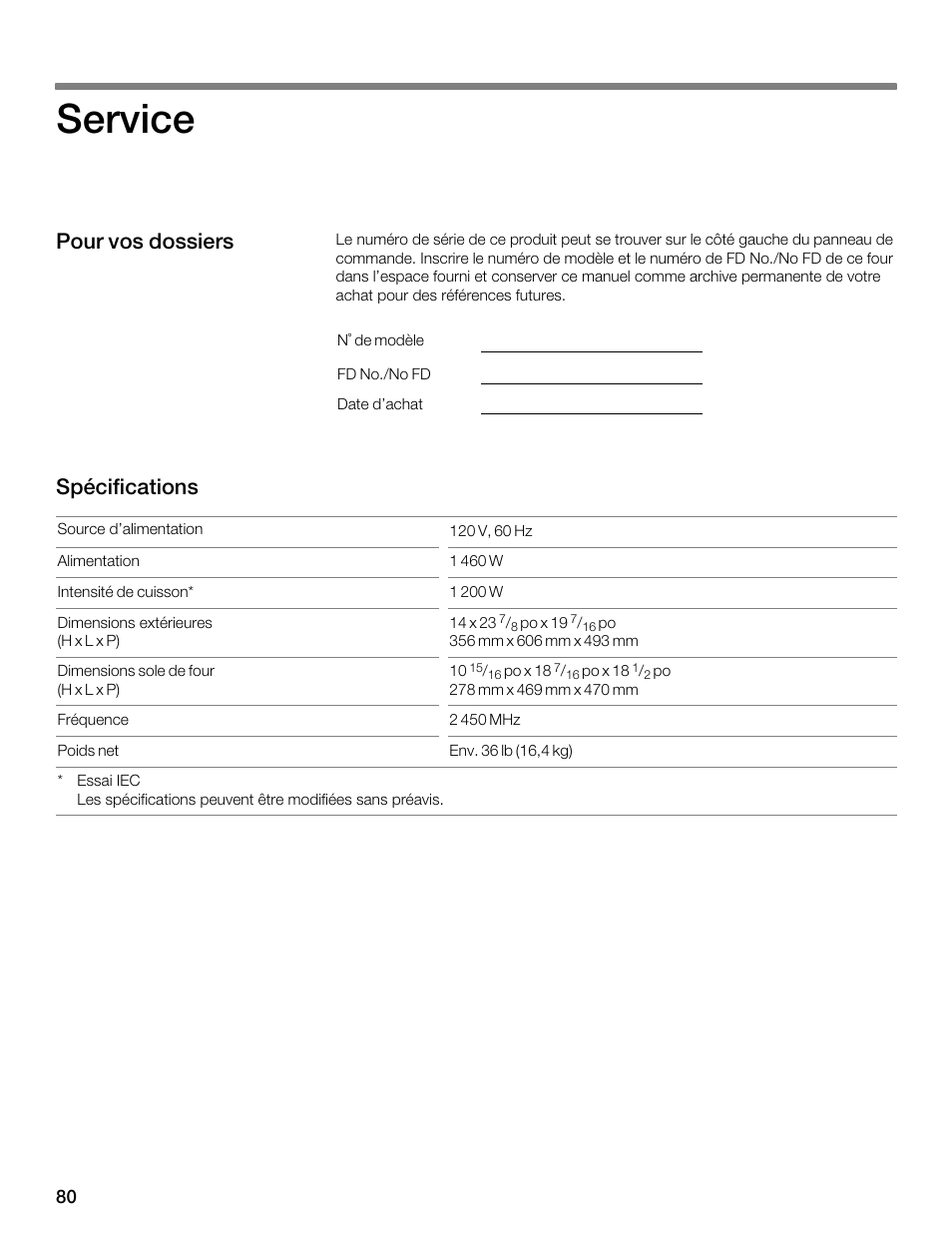 Service, Pour vos dossiers spécifications | Thermador MBESLFTD User Manual | Page 80 / 124