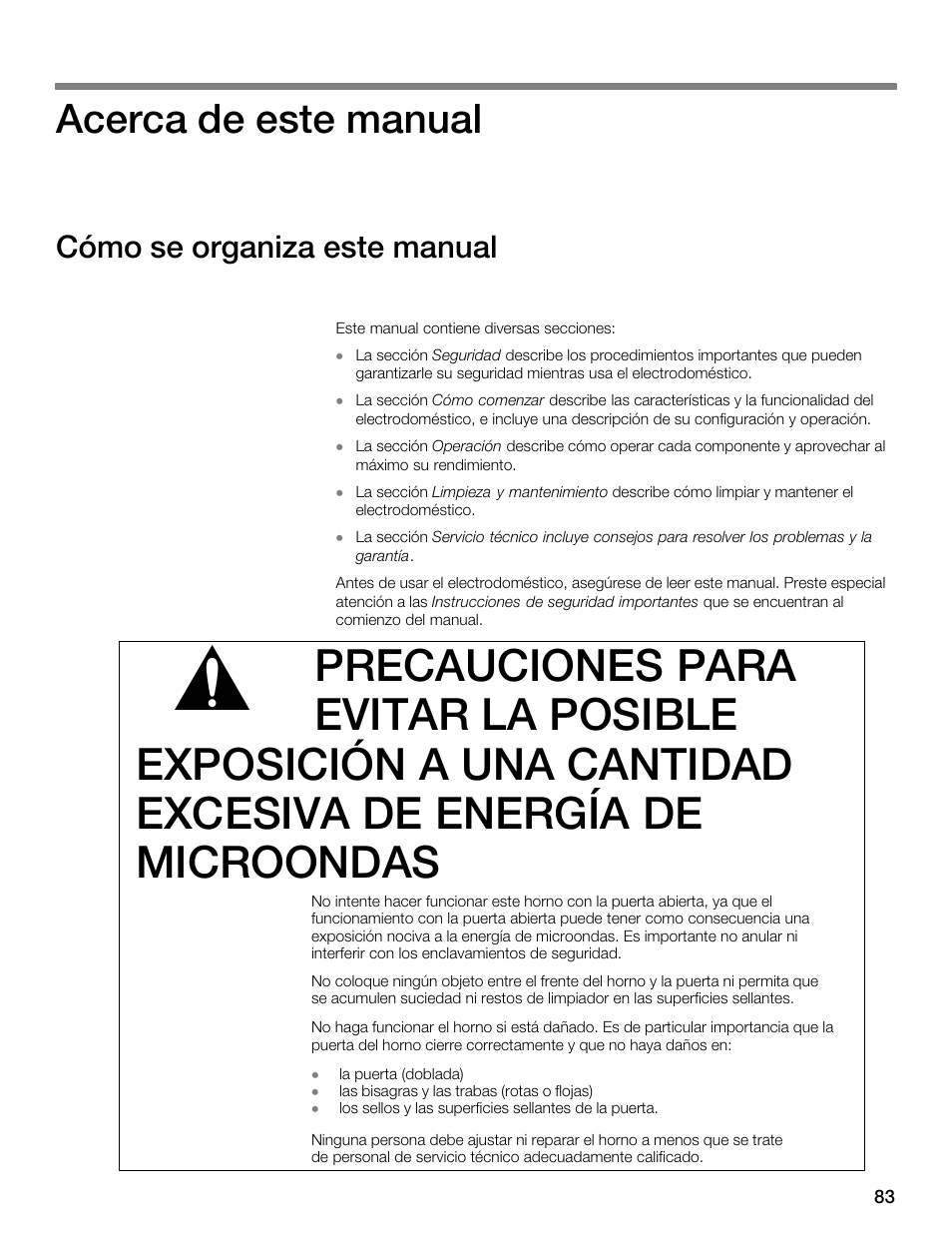 Acerca de este manual, Cómo se organiza este manual | Thermador MBESLFTD User Manual | Page 83 / 124