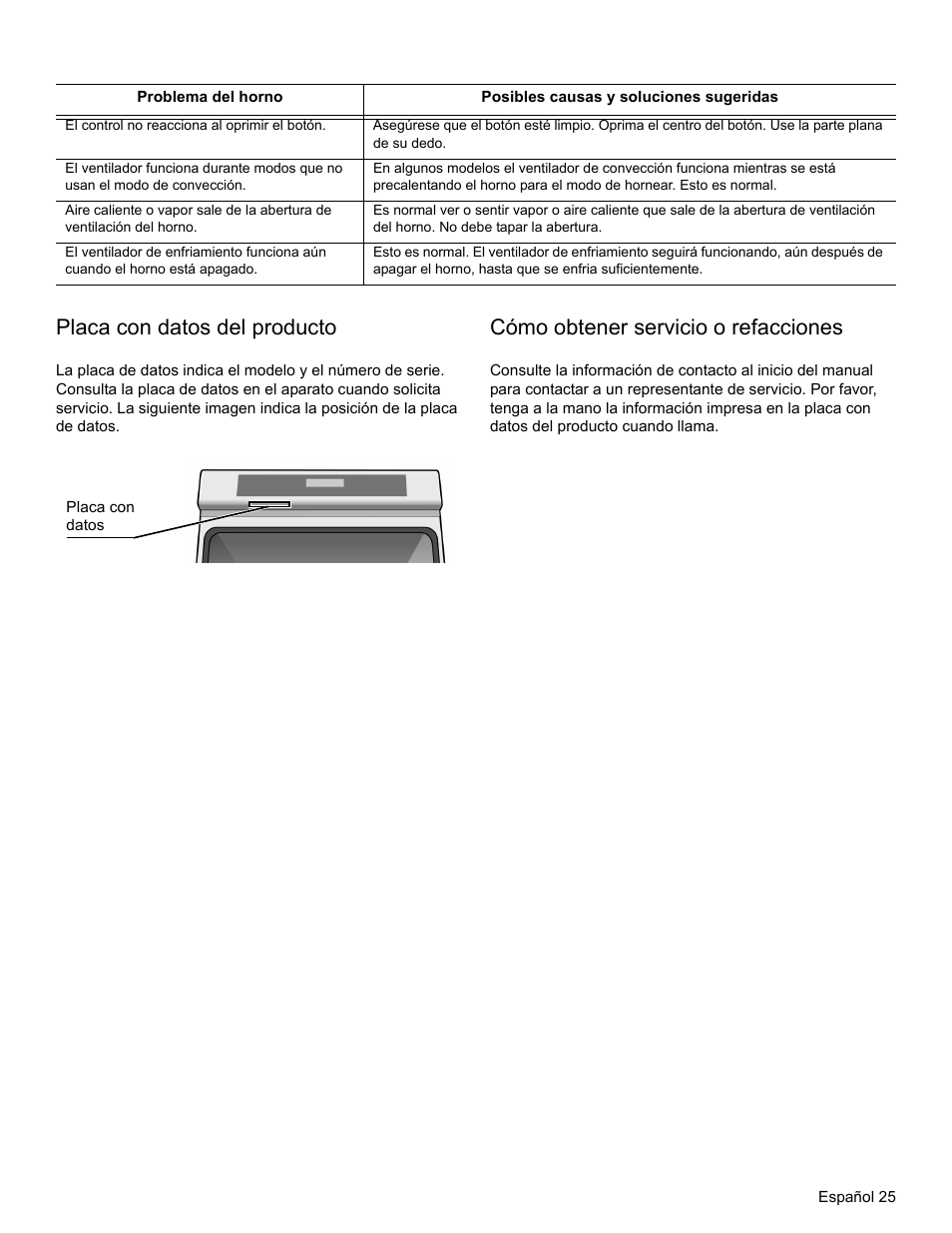 Placa con datos del producto, Cómo obtener servicio o refacciones | Thermador PODM301 User Manual | Page 100 / 108