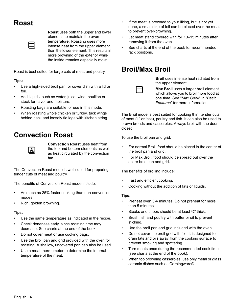 Roast, Tips, Convection roast | Broil/max broil | Thermador PODM301 User Manual | Page 17 / 108