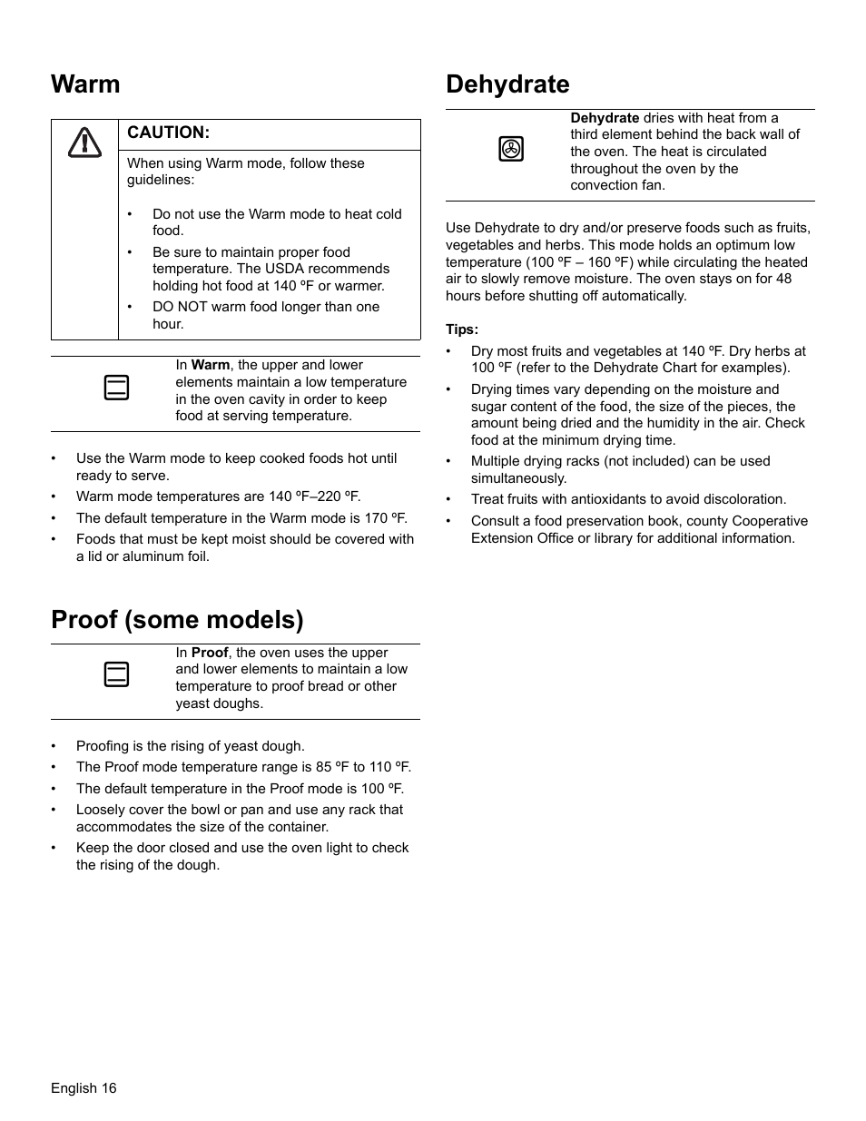 Warm, Caution, Proof (some models) | Dehydrate, Tips | Thermador PODM301 User Manual | Page 19 / 108