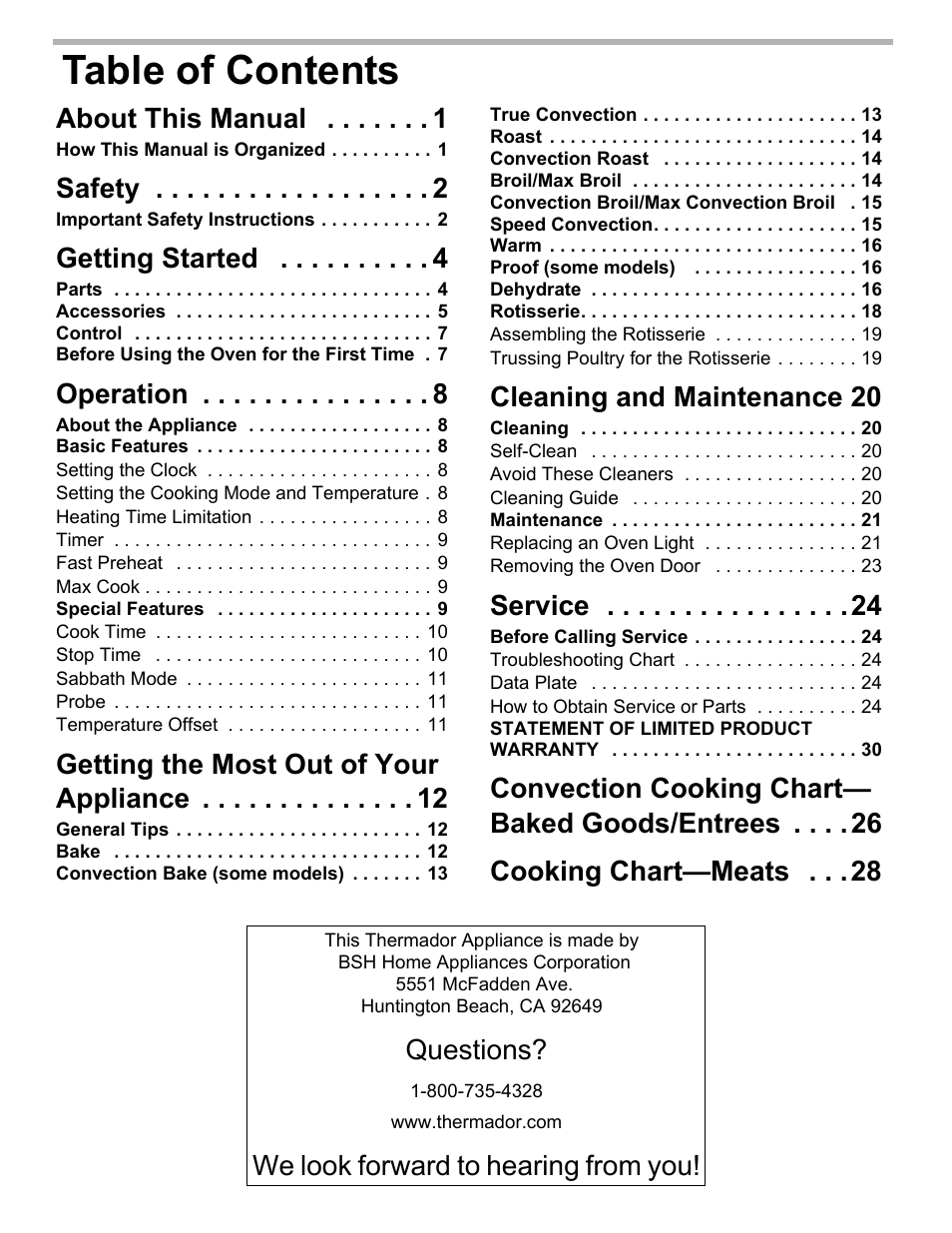 About this manual 1, How this manual is organized 1, Safety 2 | Important safety instructions 2, Getting started 4, Parts 4, Accessories 5, Control 7, Before using the oven for the first time 7, Operation 8 | Thermador PODM301 User Manual | Page 2 / 108