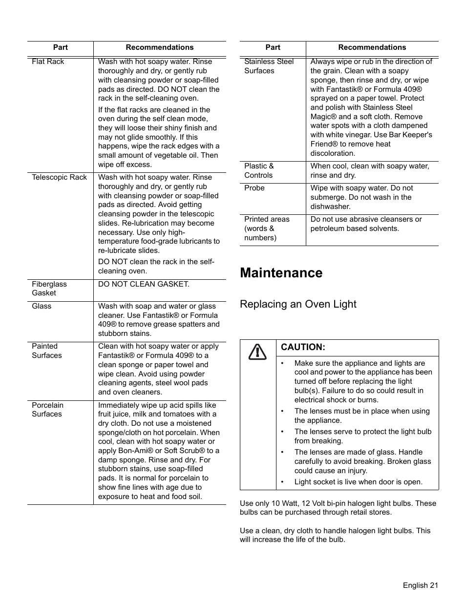 Maintenance, Replacing an oven light, Caution | Thermador PODM301 User Manual | Page 24 / 108