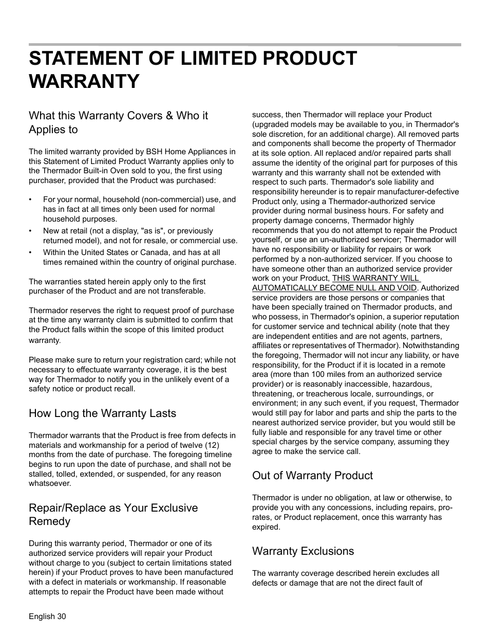 Statement of limited product warranty, What this warranty covers & who it applies to, How long the warranty lasts | Repair/replace as your exclusive remedy, Out of warranty product, Warranty exclusions | Thermador PODM301 User Manual | Page 33 / 108