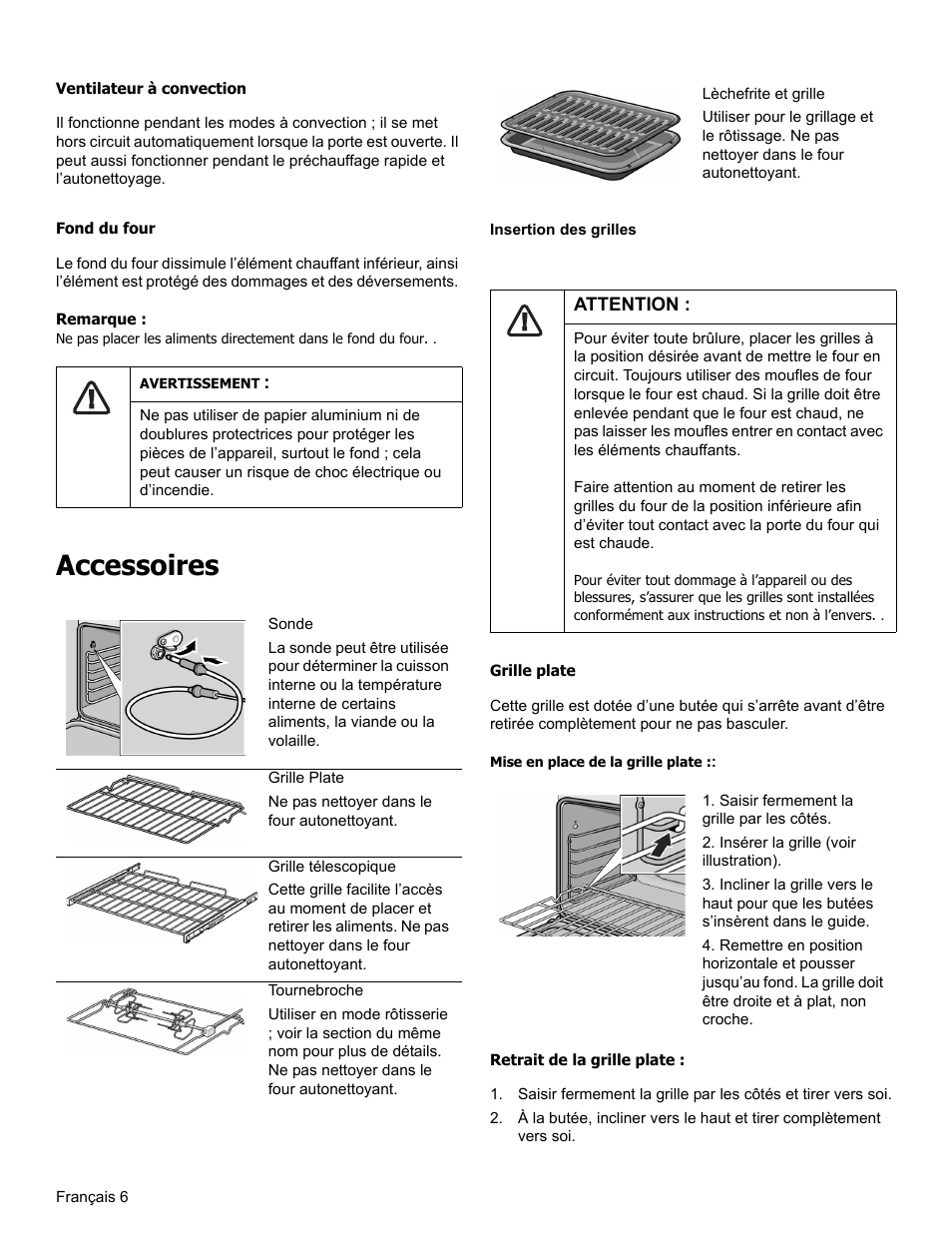 Ventilateur à convection, Fond du four, Remarque | Avertissement, Accessoires, Insertion des grilles, Attention, Grille plate, Mise en place de la grille plate, Retrait de la grille plate | Thermador PODM301 User Manual | Page 43 / 108