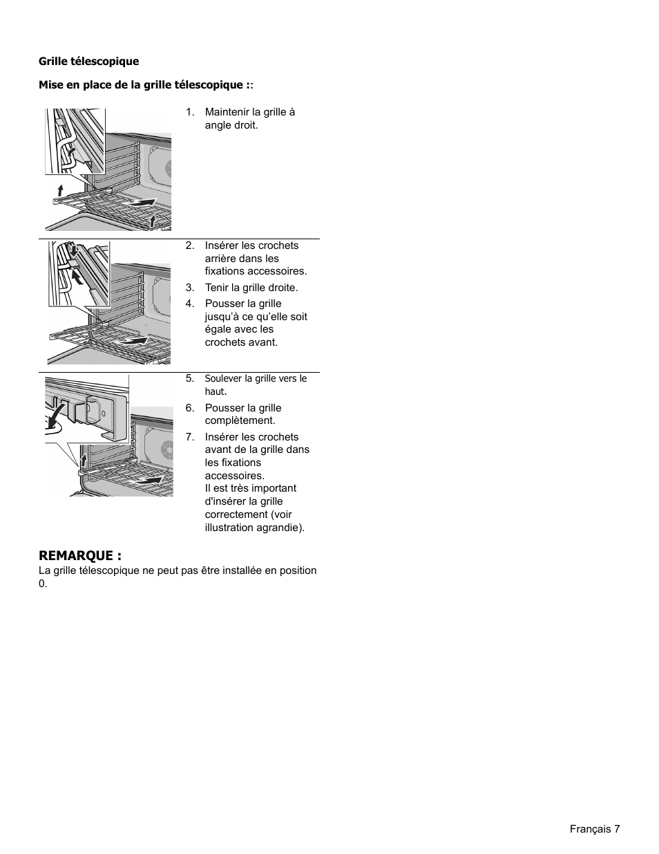 Grille télescopique, Mise en place de la grille télescopique, Maintenir la grille à angle droit | Tenir la grille droite, Soulever la grille vers le haut, Pousser la grille complètement, Remarque | Thermador PODM301 User Manual | Page 44 / 108