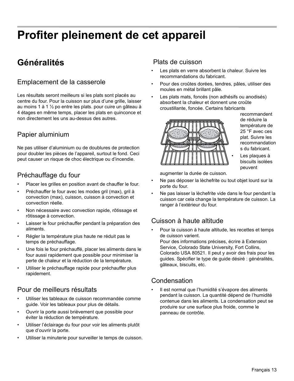 Profiter pleinement de cet appareil, Généralités, Emplacement de la casserole | Papier aluminium, Préchauffage du four, Pour de meilleurs résultats, Plats de cuisson, Cuisson à haute altitude, Condensation | Thermador PODM301 User Manual | Page 50 / 108