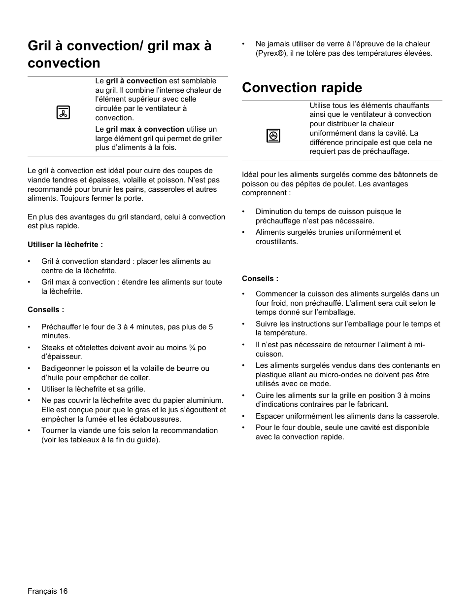 Gril à convection/ gril max à convection, Utiliser la lèchefrite, Conseils | Convection rapide | Thermador PODM301 User Manual | Page 53 / 108