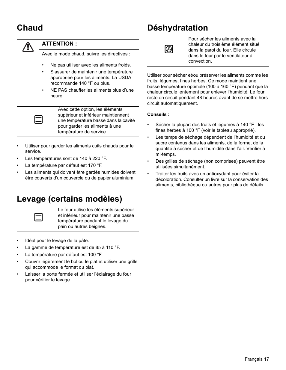 Chaud, Attention, Levage (certains modèles) | Déshydratation, Conseils | Thermador PODM301 User Manual | Page 54 / 108