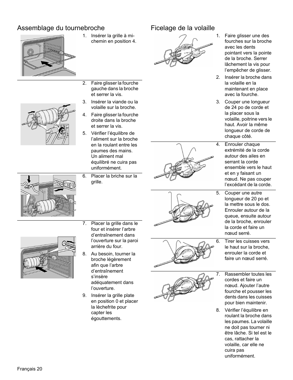 Assemblage du tournebroche, Insérer la grille à mi- chemin en position 4, Insérer la viande ou la volaille sur la broche | Placer la briche sur la grille, Ficelage de la volaille, Assemblage du tournebroche ficelage de la volaille | Thermador PODM301 User Manual | Page 57 / 108