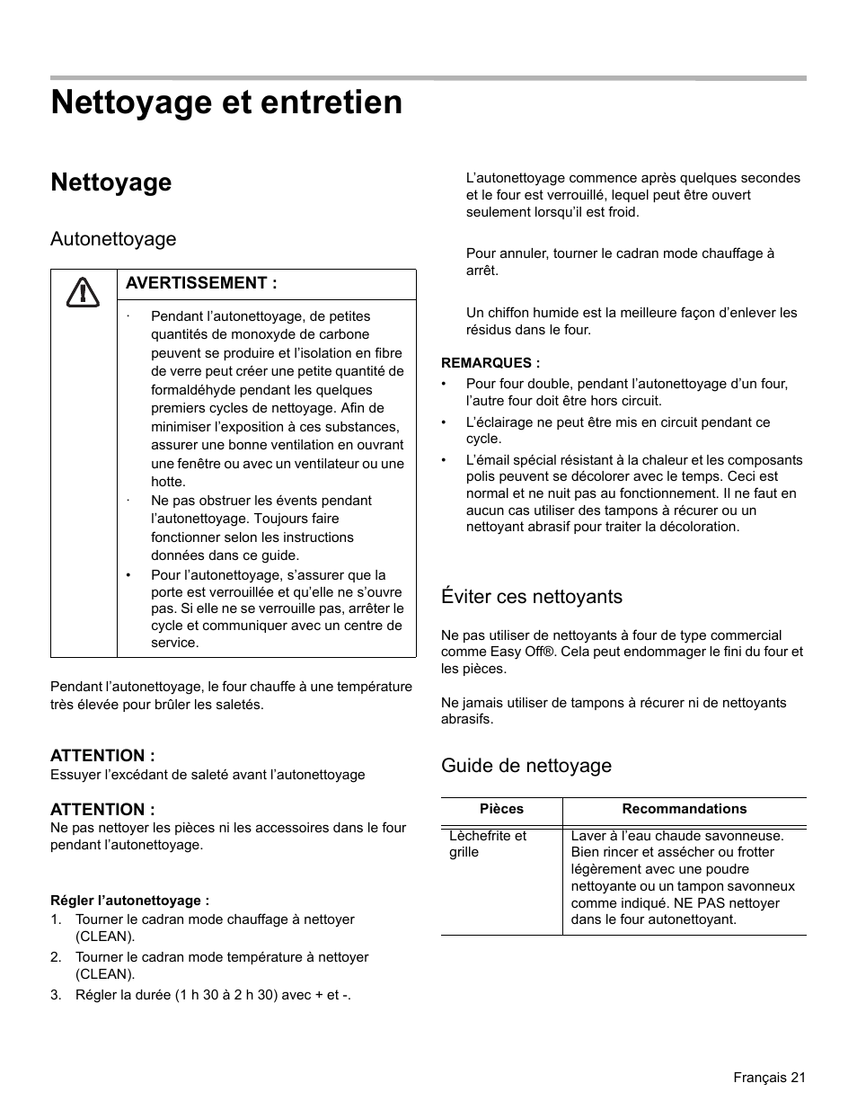 Nettoyage et entretien, Nettoyage, Autonettoyage | Avertissement, Attention, Régler la durée (1 h 30 à 2 h 30) avec + et, Remarques, Éviter ces nettoyants, Guide de nettoyage | Thermador PODM301 User Manual | Page 58 / 108