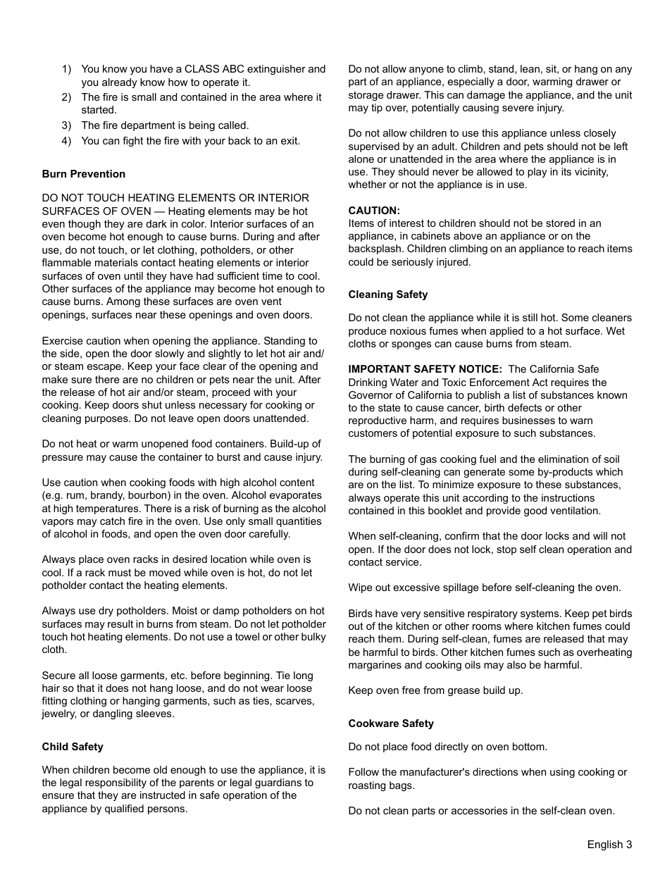 3) the fire department is being called, Burn prevention, Child safety | Caution, Cleaning safety, Cookware safety | Thermador PODM301 User Manual | Page 6 / 108