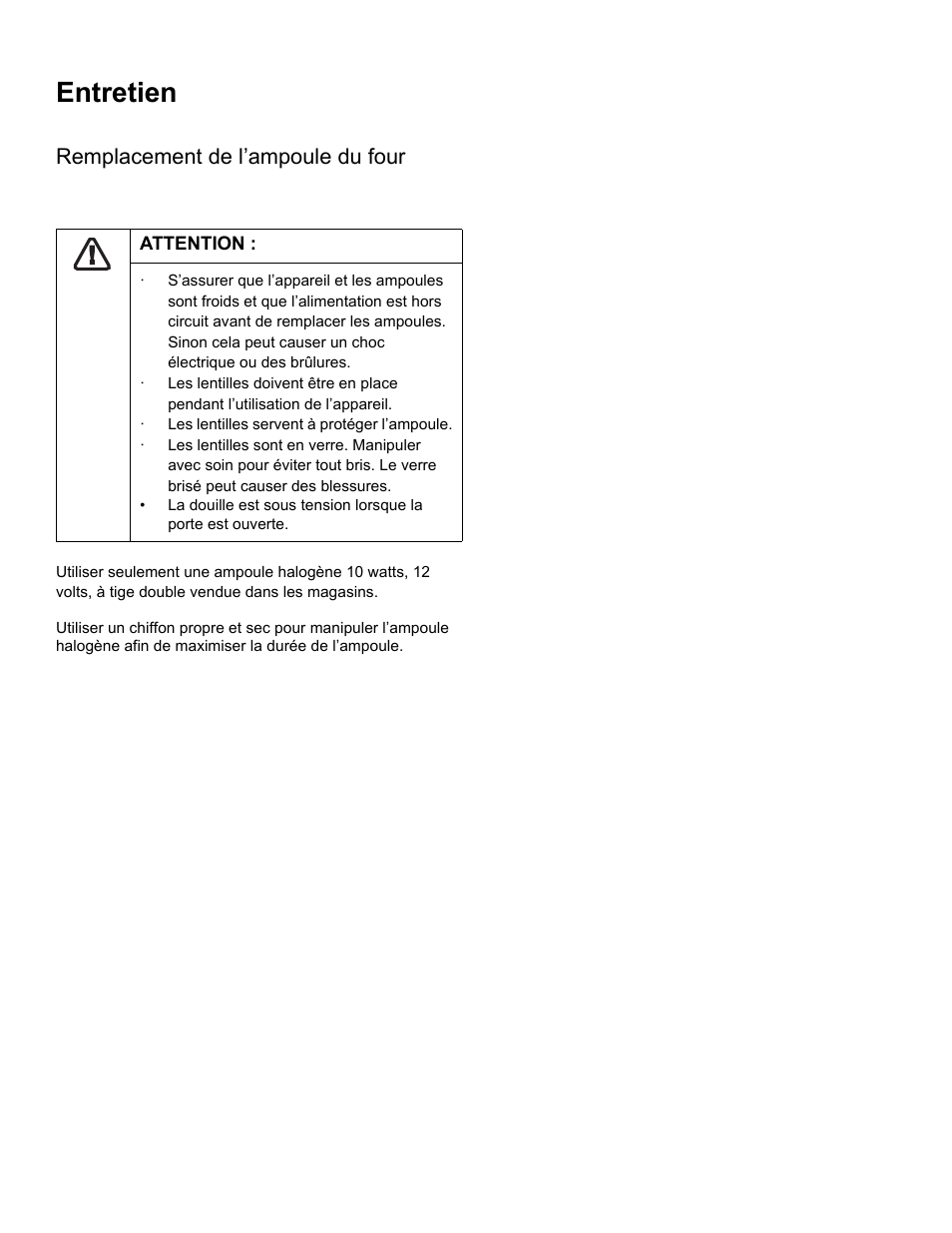 Entretien, Remplacement de l’ampoule du four, Attention | Thermador PODM301 User Manual | Page 60 / 108