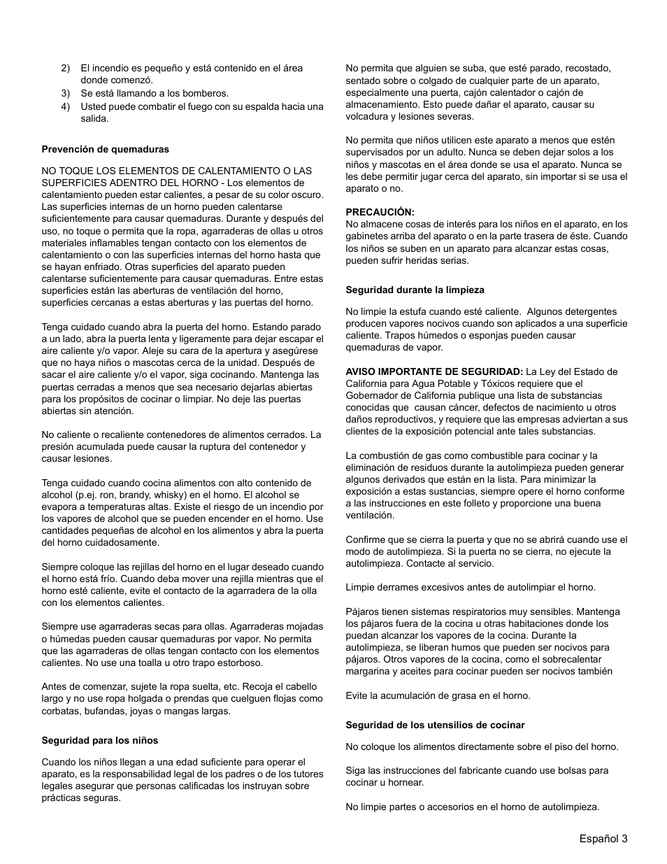 3) se está llamando a los bomberos, Prevención de quemaduras, Seguridad para los niños | Precaución, Seguridad durante la limpieza, Seguridad de los utensilios de cocinar | Thermador PODM301 User Manual | Page 78 / 108