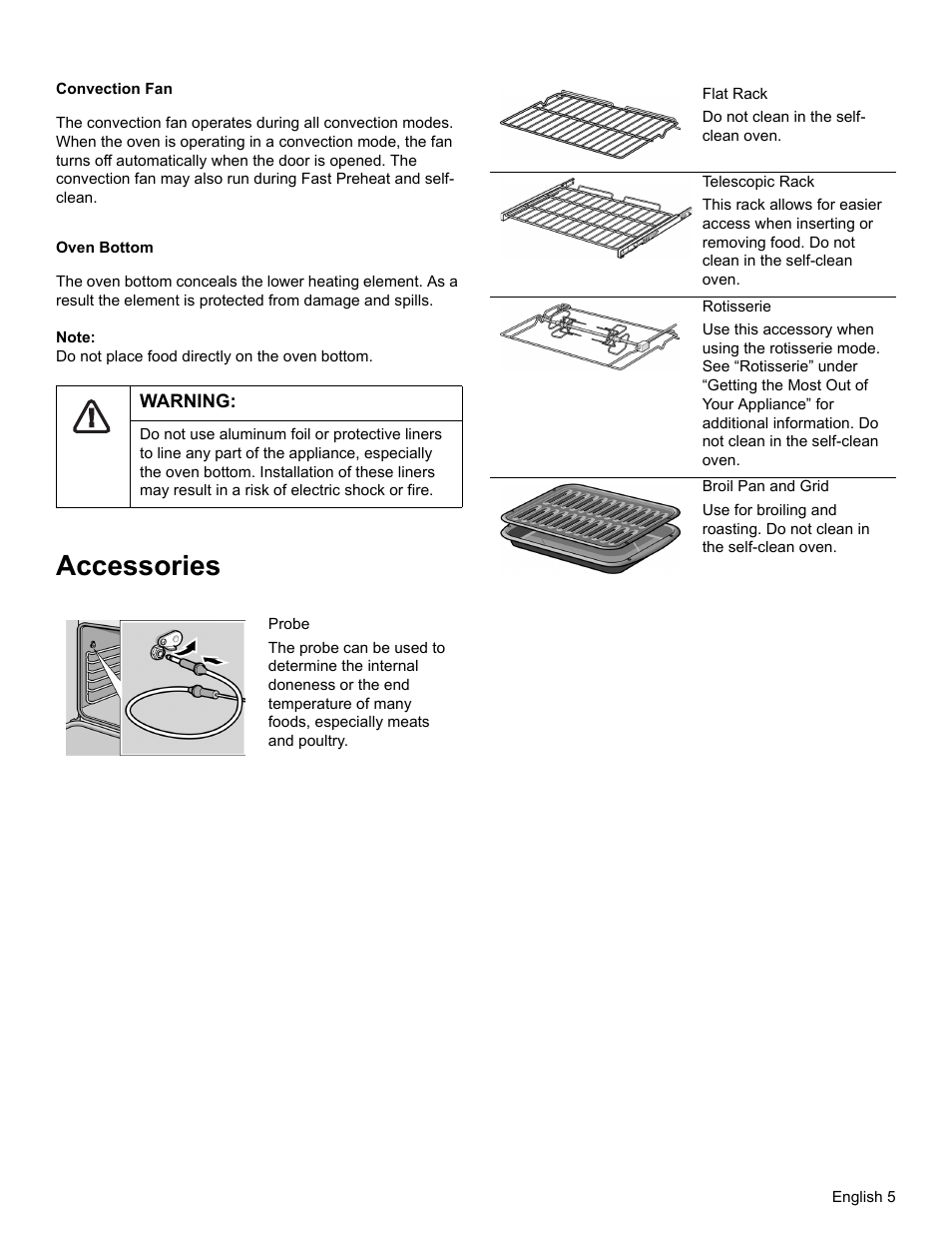 Convection fan, Oven bottom, Note | Warning, Accessories | Thermador PODM301 User Manual | Page 8 / 108