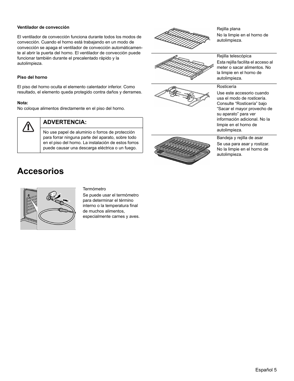 Ventilador de convección, Piso del horno, Nota | Advertencia, Accesorios | Thermador PODM301 User Manual | Page 80 / 108