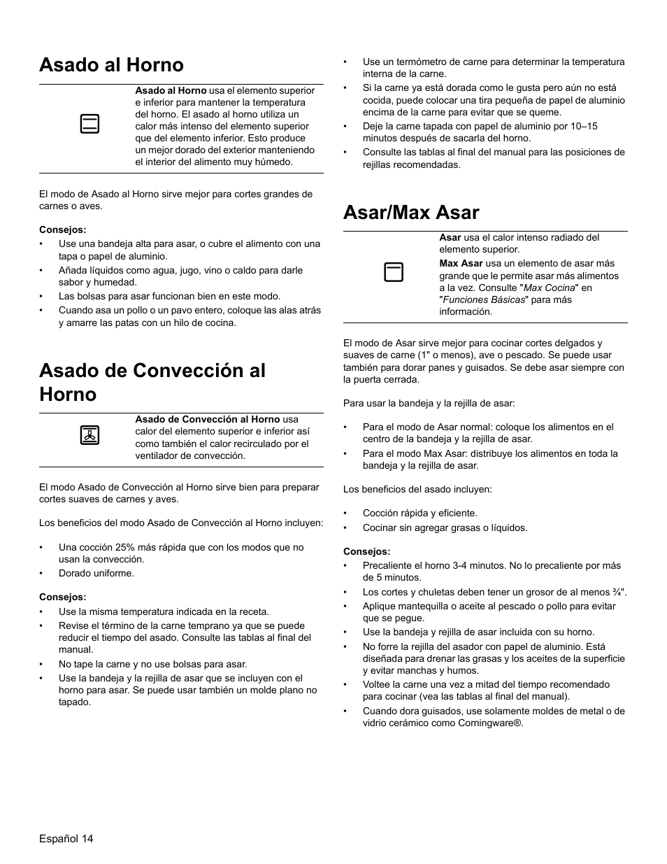 Asado al horno, Consejos, Asado de convección al horno | Asar/max asar | Thermador PODM301 User Manual | Page 89 / 108