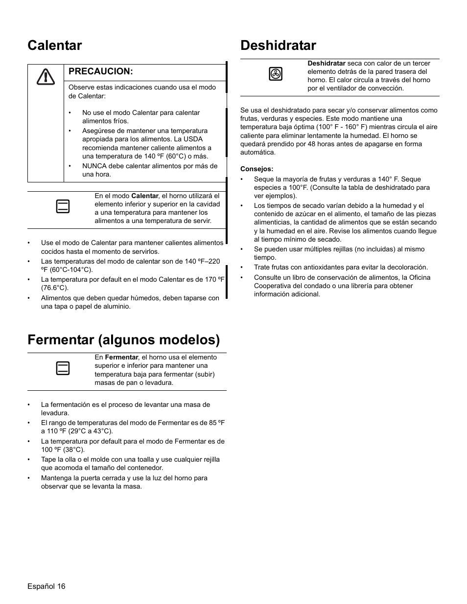 Calentar, Precaucion, Fermentar (algunos modelos) | Deshidratar, Consejos | Thermador PODM301 User Manual | Page 91 / 108