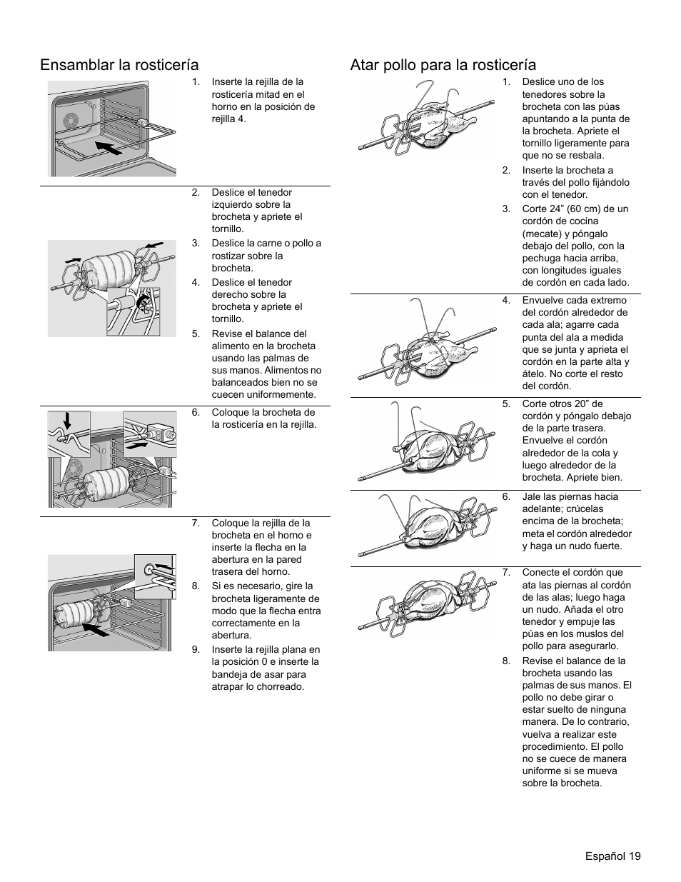 Ensamblar la rosticería, Coloque la brocheta de la rosticería en la rejilla, Atar pollo para la rosticería | Thermador PODM301 User Manual | Page 94 / 108