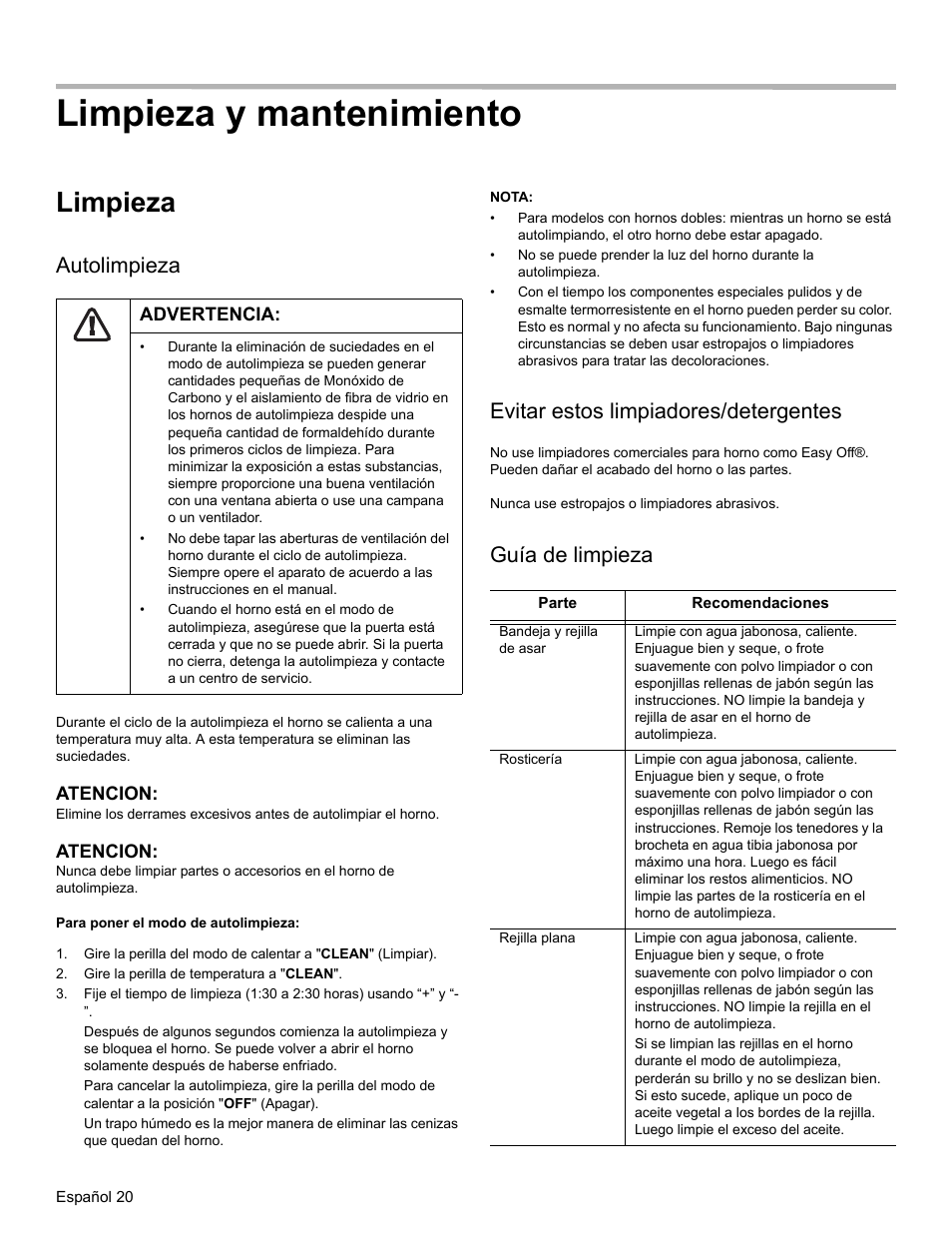 Limpieza y mantenimiento, Limpieza, Autolimpieza | Advertencia, Atencion, Para poner el modo de autolimpieza, Gire la perilla de temperatura a "clean, Nota, Evitar estos limpiadores/detergentes, Guía de limpieza | Thermador PODM301 User Manual | Page 95 / 108