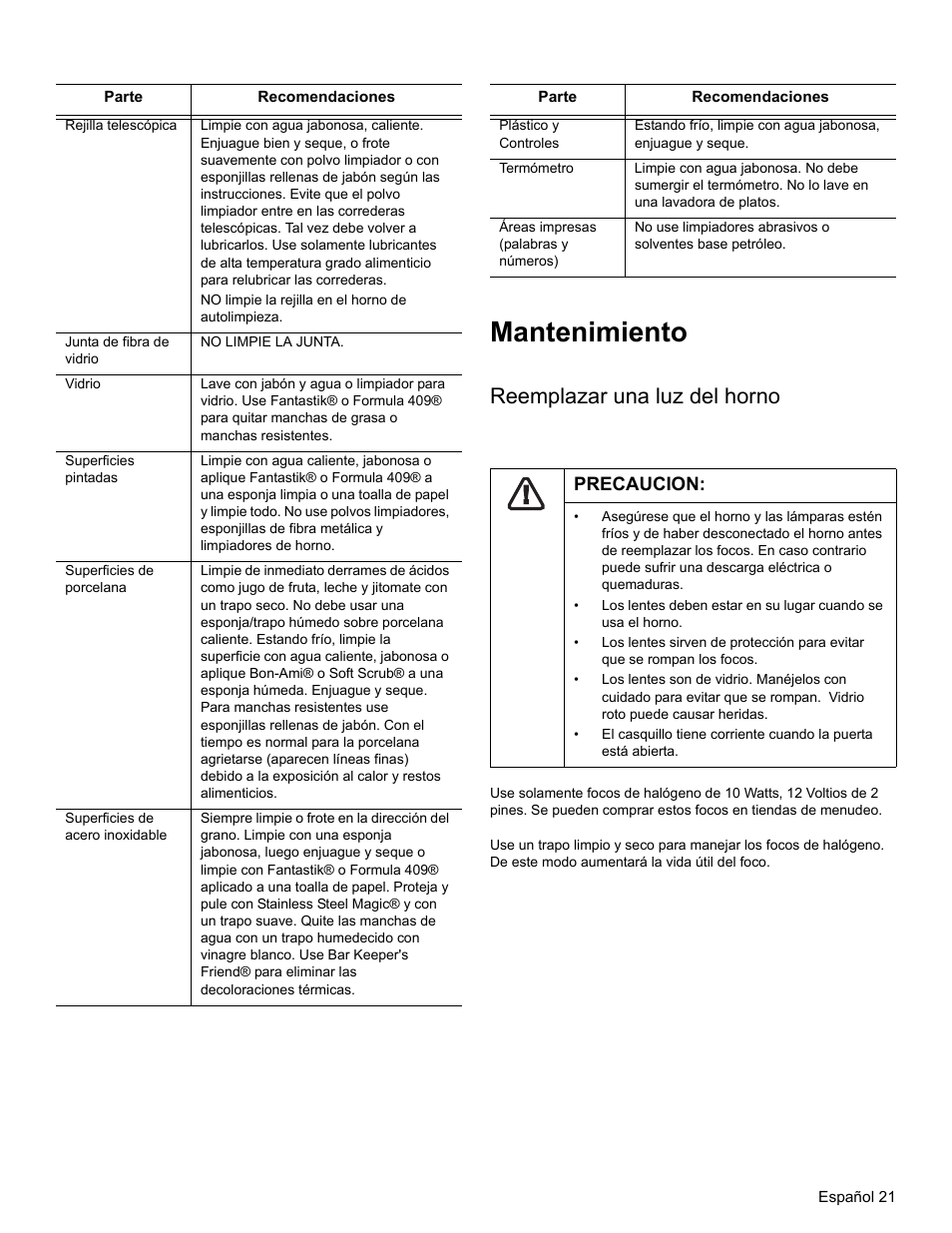 Mantenimiento, Reemplazar una luz del horno, Precaucion | Thermador PODM301 User Manual | Page 96 / 108